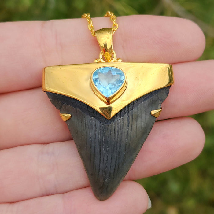 Megalodon Tooth Pendant with Blue Topaz Jewel