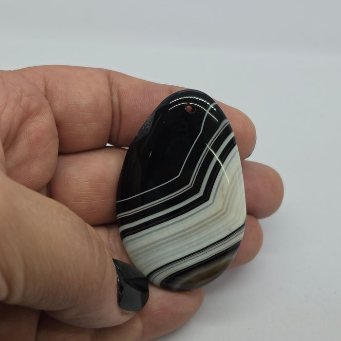 Natural Black and White Banded Teardrop (Pear Cut) Agate Drilled Cabochon Pendant