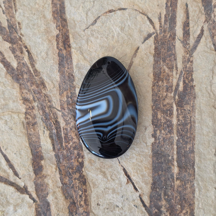 Natural Black and White Banded Teardrop (Pear Cut) Agate Drilled Cabochon Pendant