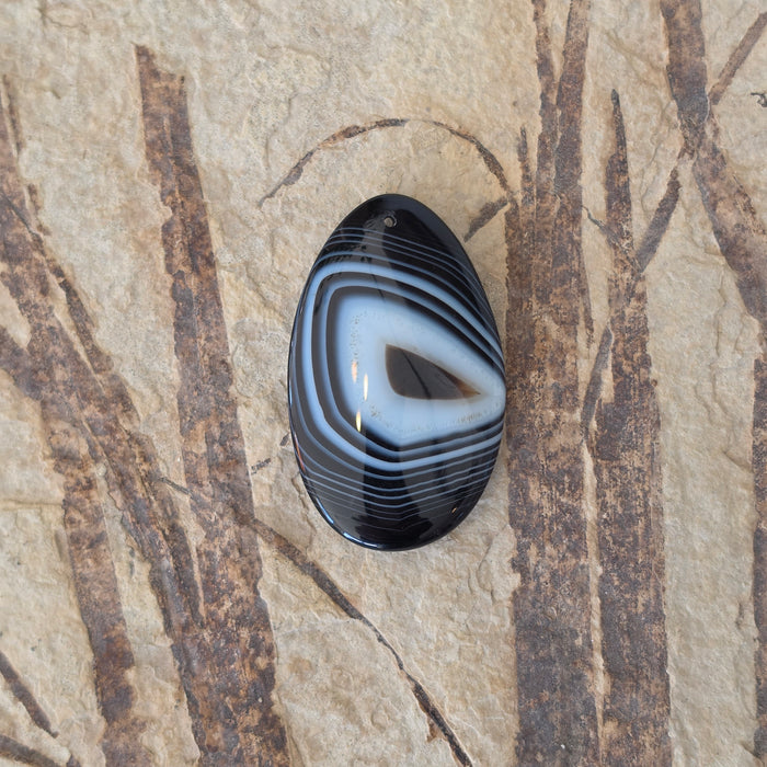 Natural Black and White Banded Teardrop (Pear Cut) Agate Drilled Cabochon Pendant